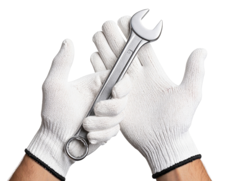Professional hands wearing cut-resistant safety gloves holding chrome wrench tool demonstrating workplace protection and precision maintenance work