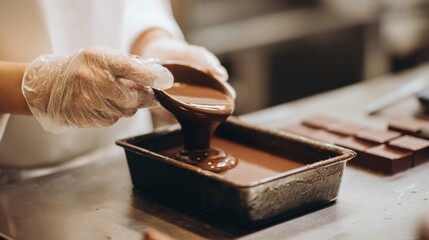 Gloved chocolatier pouring liquid chocolate into mold on stainless steel kitchen surface ideal for artisan dessert making, culinary process visuals and chocolate production themes