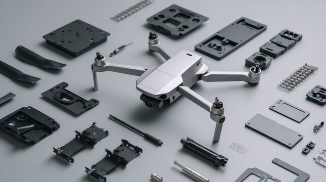 Disassembled modern drone with electronic parts and structural components neatly laid out on grey background ideal for UAV engineering, repair tutorials and tech disassembly visuals