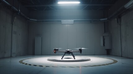 Quadcopter drone placed in the center of a modern industrial testing facility under a spotlight perfect for innovation presentations, surveillance technology ads and aerial robotics design showcases