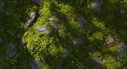 Overhead view of vibrant green moss and small plants covering dark grey rocks with sunlight patches