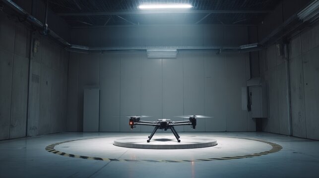 Quadcopter drone placed in the center of a modern industrial testing facility under a spotlight perfect for innovation presentations, surveillance technology ads and aerial robotics design showcases