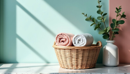 rolled pink and white towels in wicker basket near vase with green branches on marble shelf against pastel wall. Ready for weekend cleaning.
