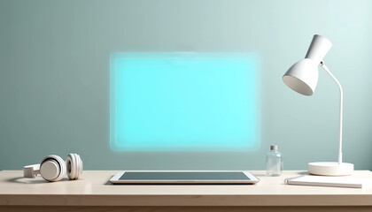 headphones, tablet, glass bottle and lamp arranged neatly on remote work desk with glowing screen. Focus in stillness..