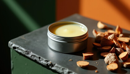 organic balm in metal tin beside natural wood elements on rough surface background. A small ritual of calm..