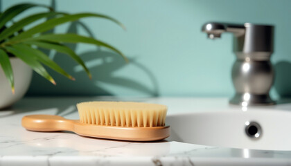 natural bristle body brush beside white sink and leafy green plant in clean bathroom setting. Self-care meets stillness..