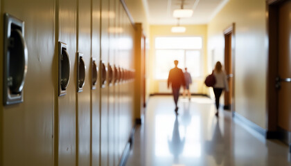 school hallway lined with yellow lockers and students walking away down corridor. End of another day.