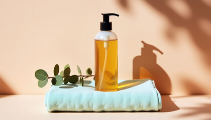 Bottle of massage oil with dispenser pump on soft towel with eucalyptus branch; pastel background; daylight shadows..