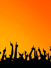 Orange Sunset Concert Crowd - Energetic concert scene, silhouettes of a cheering crowd against a vibrant orange sunset. Symbolizing: excitement, music, unity, celebration, freedom