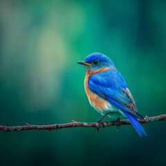 Naklejka premium Bluebird sitting on twig with green blur Wild birds hiding or perching in branches — capturing raw moments of nature in soft-focus, moody tones.