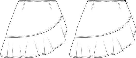 darted tailored zippered frilly ruffle asymmetric hem mini short skirt a line jean denim template technical drawing flat sketch cad mockup fashion woman design style model 
