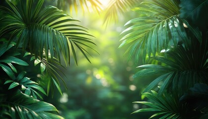 Fototapeta premium Lush green palm leaves frame a soft, bright background with light flare. Use for tropical themes, relaxation imagery, or natural beauty concepts.
