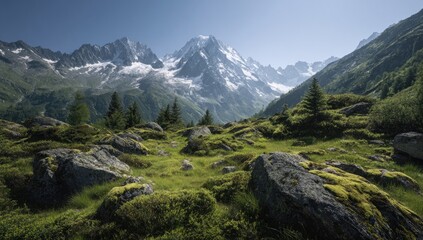 Alpine meadow, snow-capped peaks