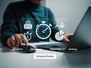 Person using computer with digital interface showing C R M analytics campaigns reporting and settings
