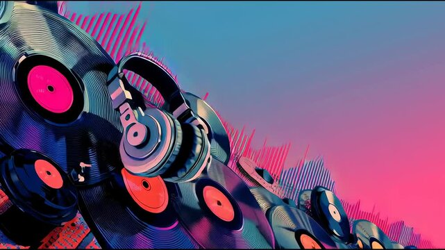 Abstract digital illustration showing a fusion of music icons: headphones, vinyl records, sound waves, and equalizer bars blending together, ideal for music streaming promotions &mdash; high-energy, gradien