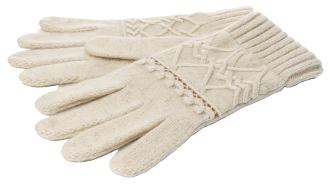 Cream knitted wool gloves with cable knit pattern and decorative trim isolated on a transparent background