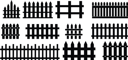 Wooden Fence Icon set. Classic Garden Fencing Symbol. Simple Wooden Fence cassic picket fence that embodies simplicity and security its clean lines and rustic charm.collection of Garden fence wooden.