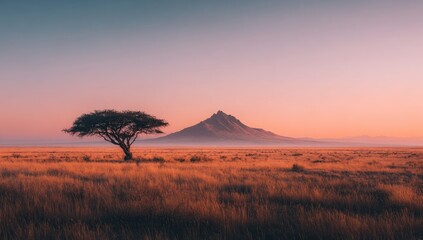 Sunrise savanna, lone acacia tree, misty mountain