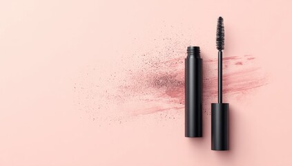 Obraz premium Black mascara tube and wand on a pink background with cosmetic smudges