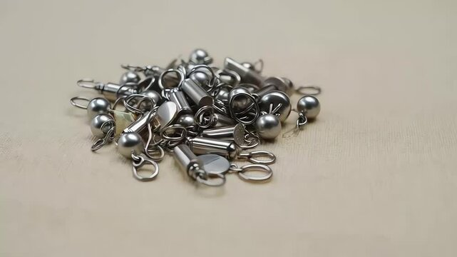 Pile of shiny metallic fishing swivels and sinkers on a light brown surface