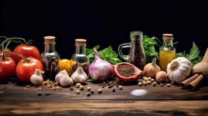 Fresh Italian cooking ingredients include olive oil, colorful vegetables like tomatoes and basil, and garlic, perfect for a healthy pasta salad