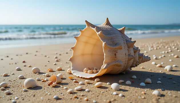 A close-up of a large, spiral seashell lying on a sandy beach scattered with smaller shells and pebbles, under bright sunlight 4K and HD.