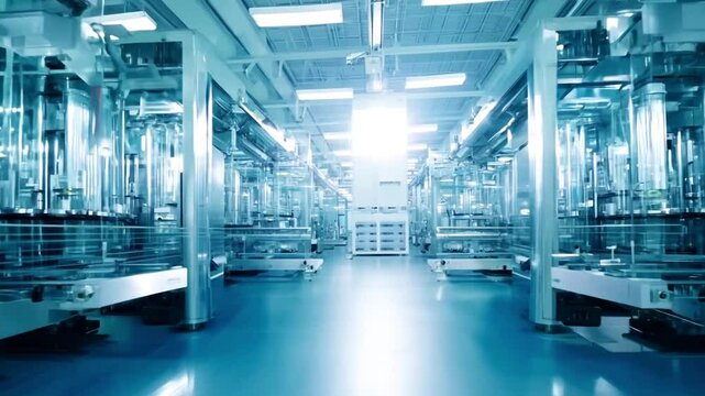 High-tech sterile pharmaceutical factory interior with industrial stainless steel tanks,Modern sterile pharmaceutical production room with stainless tanks and bright fluorescent lighting.