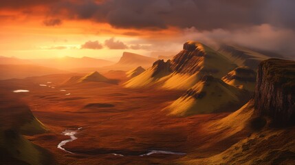 Panoramic mountain landscape at sunrise or sunset, with a beautiful sky and snow-capped peaks