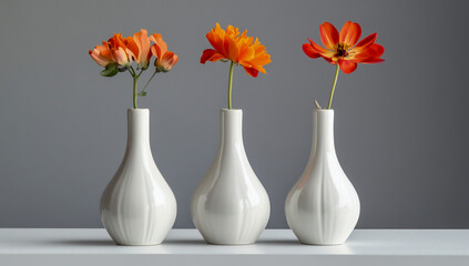 Placed on a neutral gray background, a minimalist tabletop arrangement featuring three white ceramic bottles and three decorative vases.