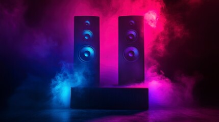 Two large speakers on a dark surface with vibrant pink and blue neon lighting and smoke.