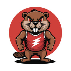 A cartoon illustration of a muscular beaver with a fierce expression and red eyes, wearing a red tank top with a white lightning bolt, standing against a solid red circle background. © Tirtho