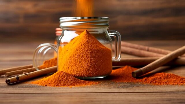 Colorful spices in glass jars on wooden background