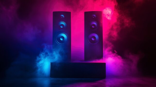 Two large speakers on a dark surface with vibrant pink and blue neon lighting and smoke. - Powered by Adobe