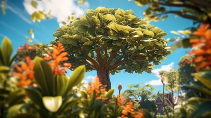 Tropical palm trees with yellow blossoms reach towards the blue summer sky, their green leaves framing a vibrant natural landscape