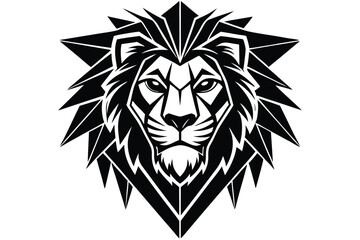 Bold, geometric lion head roars with wild intensity in stark black silhouette