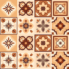 Ornamental tiles featuring geometric and floral patterns in warm tones