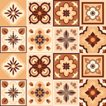 Ornamental tiles featuring geometric and floral patterns in warm tones