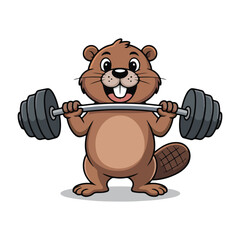 A happy, cartoon beaver lifting a barbell, depicted with a cheerful expression and an open mouth. © Tirtho
