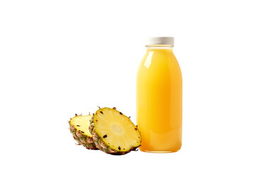 Freshly squeezed pineapple juice in a clear bottle with sliced pineapple halves