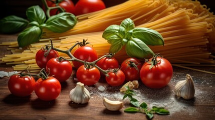 Fresh red cherry tomatoes with basil and garlic, a healthy organic vegetable ingredient