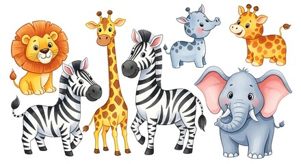 Naklejka premium Colorful Cartoon Safari Animals Illustration for Kids and Educational Materials