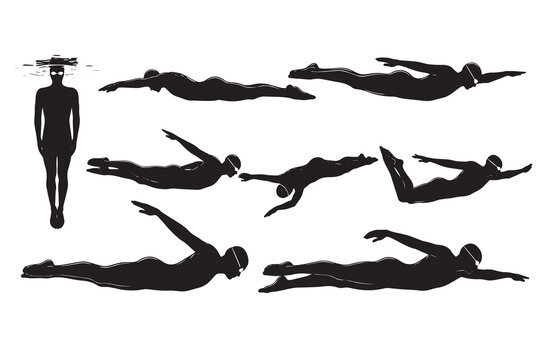 Silhouette of Swimming man Silhouette black and white - Powered by Adobe