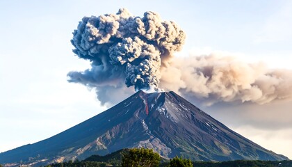 Fototapeta premium Volcanic eruption, massive plume of ash and smoke rising from a dark, conical mountain