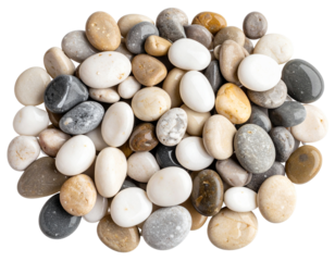  Close-up of smooth multicolored beach pebbles piled naturally, isolated on transparent background PNG