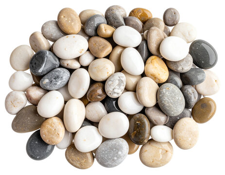 Close-up of smooth multicolored beach pebbles piled naturally, isolated on transparent background PNG - Powered by Adobe