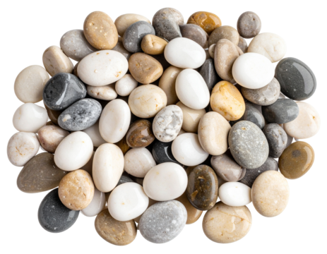  Close-up of smooth multicolored beach pebbles piled naturally, isolated on transparent background PNG