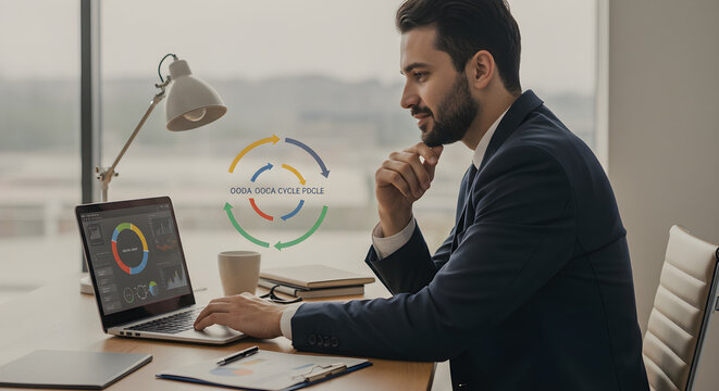 A focused businessman in a suit works on a laptop displaying charts and graphs, with a circular diagram overlayed, suggesting analysis and progress in a modern office setting. - Powered by Adobe