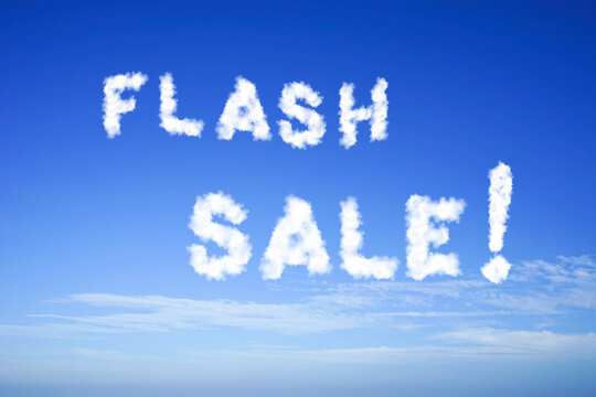 FLASH SALE text , soft cloud brush, on bright blue sky, for special price offer, Mega sale concept