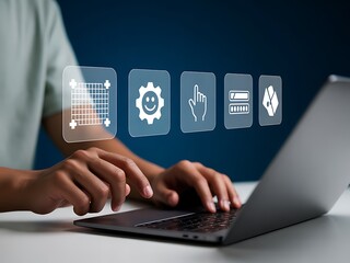 Person using laptop with digital interface icons technology
