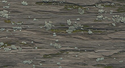 Weathered wood surface with horizontal grain covered in light green lichen and dark green moss patches